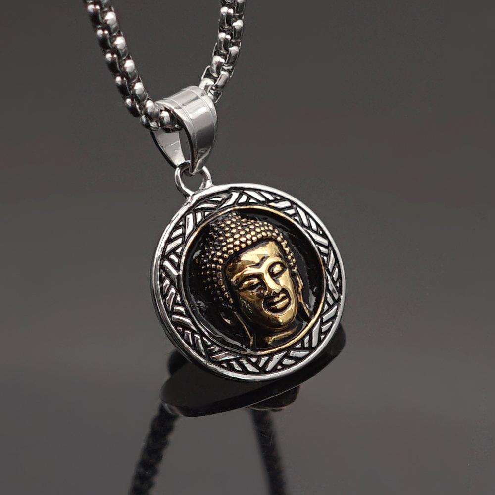 Retro Men's Pendant Trendy Men Domineering Steel Pendant Round Golden Buddha Head Pendant