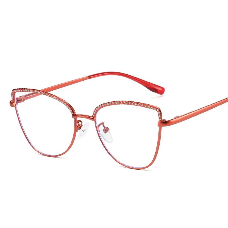 Metal Frame Cat Eye Eyeglass Diamond Bordered Anti Blue Light Glasses Fashionable Vintage Women Eyewear
