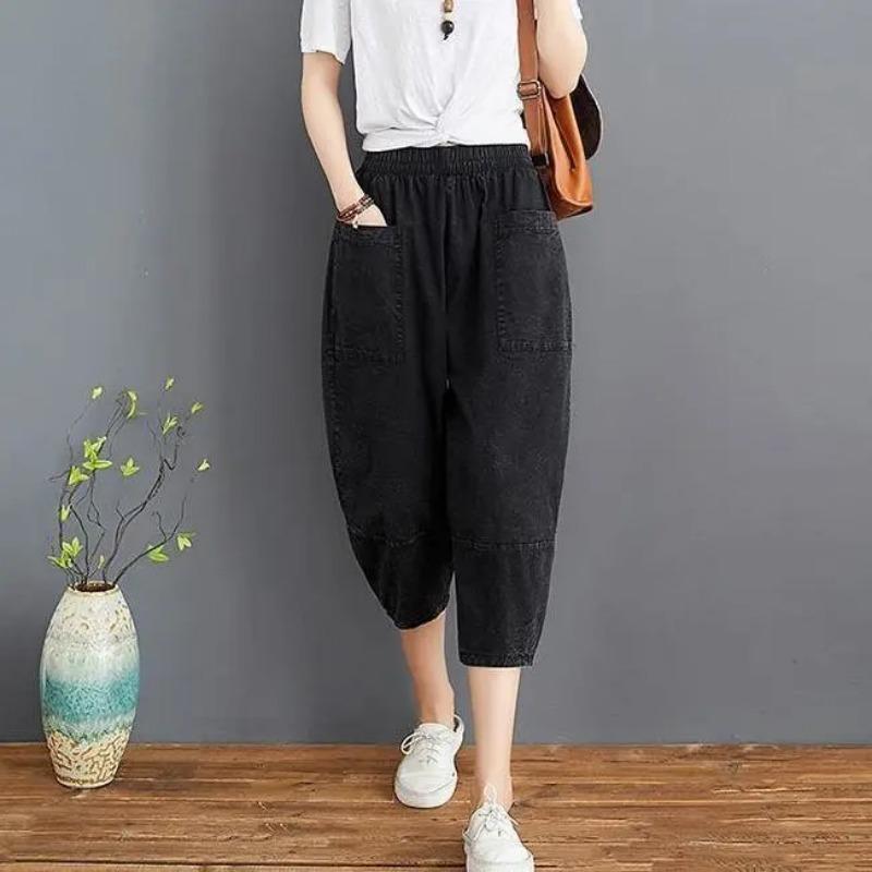 Women's Fashion Elastic Waist Loose Capris Comfortable Daily Summer Casual Pants