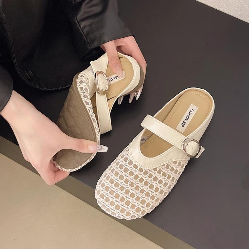 Hollow woven bag head half slippers women's outer wear 2025 summer new shoes soft sole breathable lazy cool slippers
