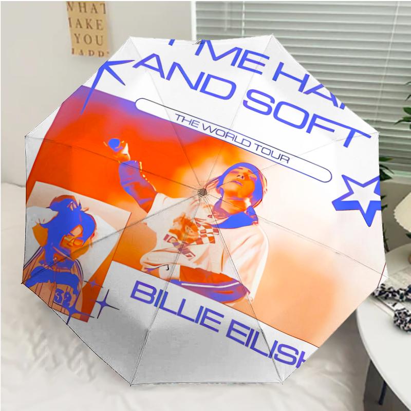 Singer Billie Eilish1 Print Automatic Umbrella, 8 Rib Iron Frame, Plastic Handle, Suitable for Outdoor Travel &Daily , Ideal Gift