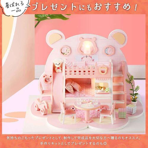 moin moin 1/24 scale dollhouse [Japanese instruction manual] Miniature DIY handmade kit set with bear, pink | LED light + acrylic case ([Japanese] Bea