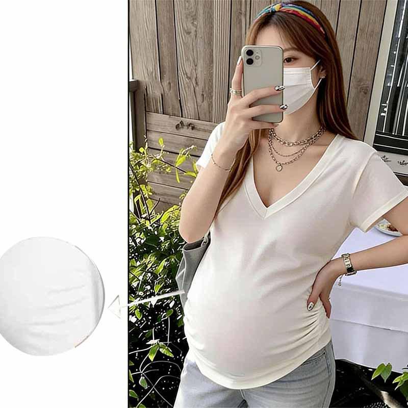 

New Korean V-Neck Maternity T-Shirt - Loose, Comfortable, Solid Color, Trendy Belly-Hiding Summer Wear for Moms L for 105-125 lbs