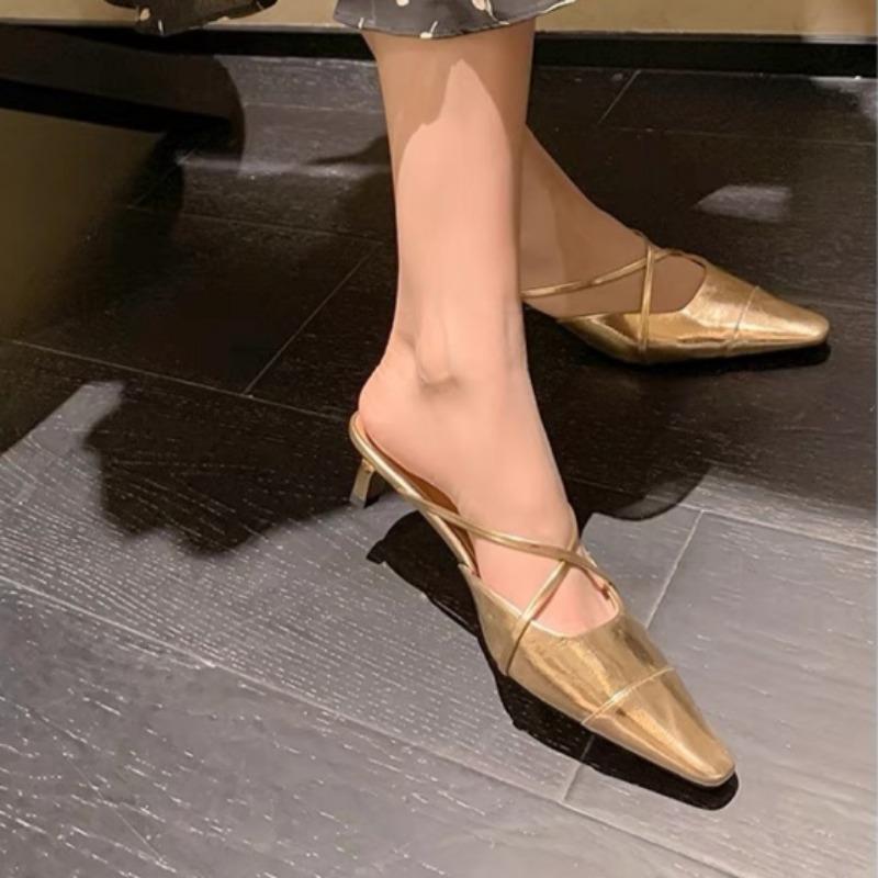 Moda 2025 Nowe Damskie Kapcie Moda Srebrne Czółenka Letnie Sandały Czółenka Średni Obcas Klapki Szpilki Imprezowe Slingback