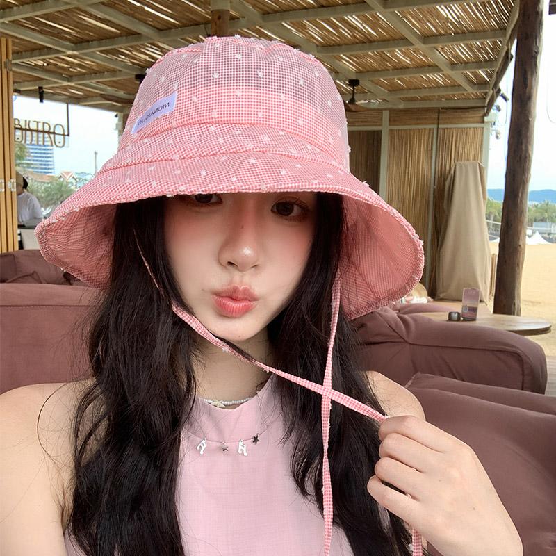 Sweet small fresh plaid bucket hat summer big brim thin student travel versatile sunshade sunscreen hat