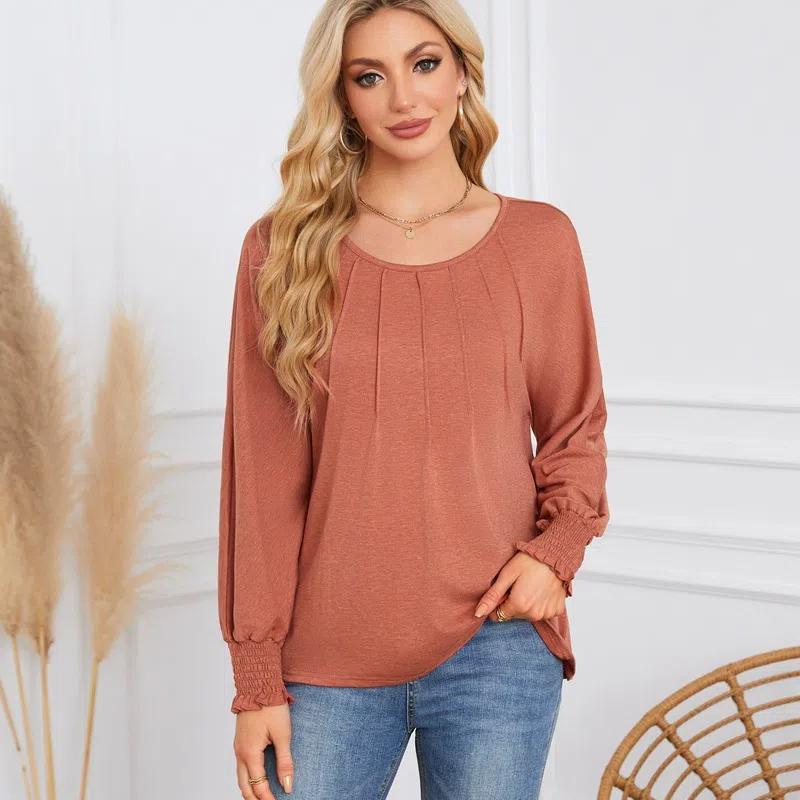 2026 New Women's Pleated Long Sleeve T-Shirt, Round Neck Casual Solid Color Blouse for Autumn Winter