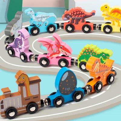 Wooden Dinosaur Train Puzzle: Magnetic Swing Baby Car, Early Education Building Blocks Toy