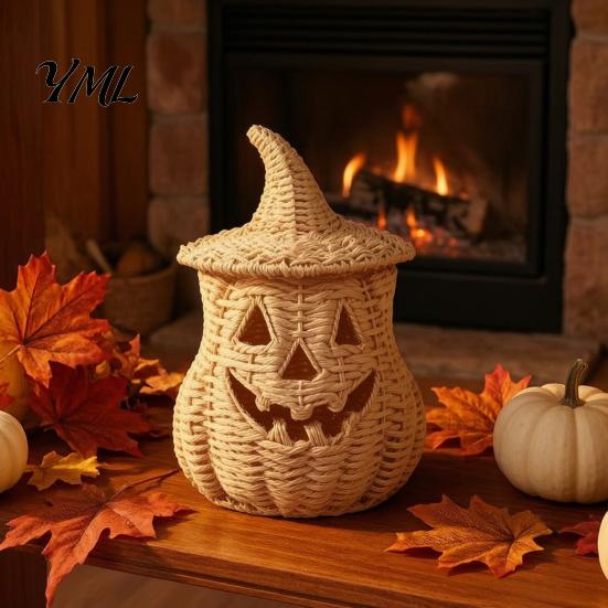Rustic Fall Aesthetic Halloween Pumpkin Lantern Tabletop Decor, Woven Witch Hat Candy Bowl & LED Gothic Home Decor Prop, Centerpiece for Shelf Mantel