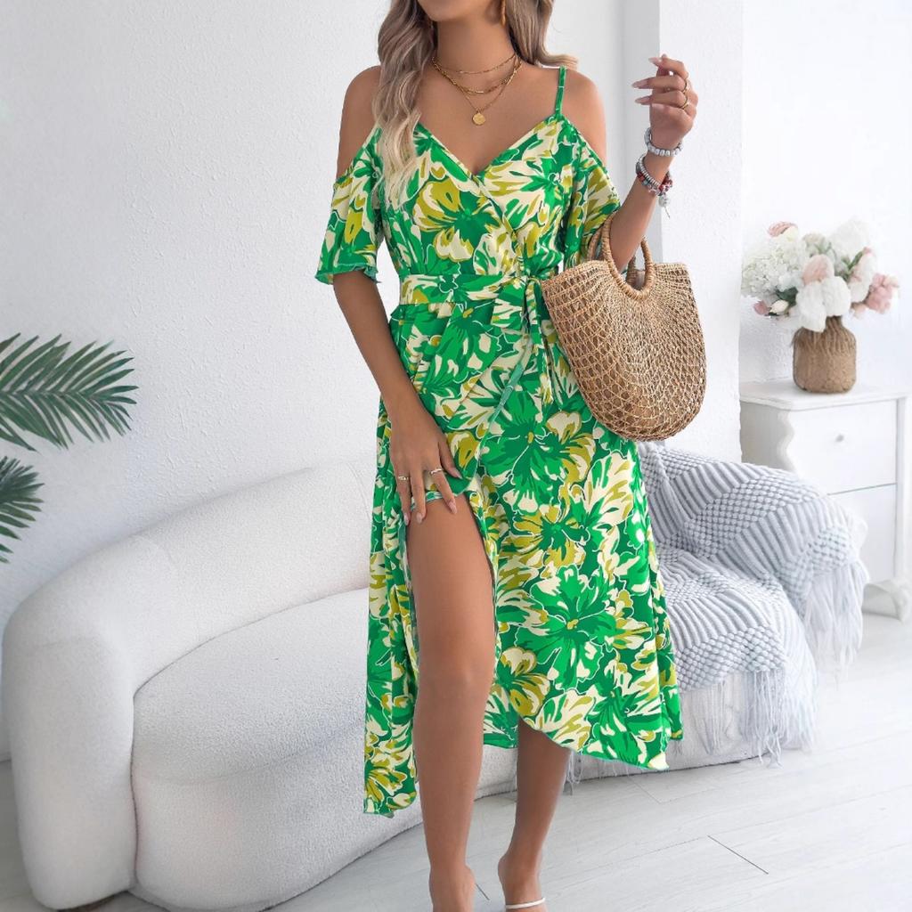 2025 New Fashion Trend Spring Summer Off-the-shoulder Crossover V-Neck Flower Suspendron Maxi Dress Resort Dress Women's