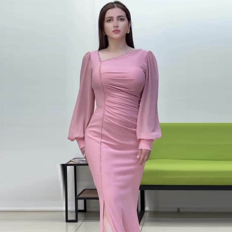 2024 Autumn Women's Pure Desire Asymmetrical Neckline Waist-Cinching Fishtail Bodycon Dress