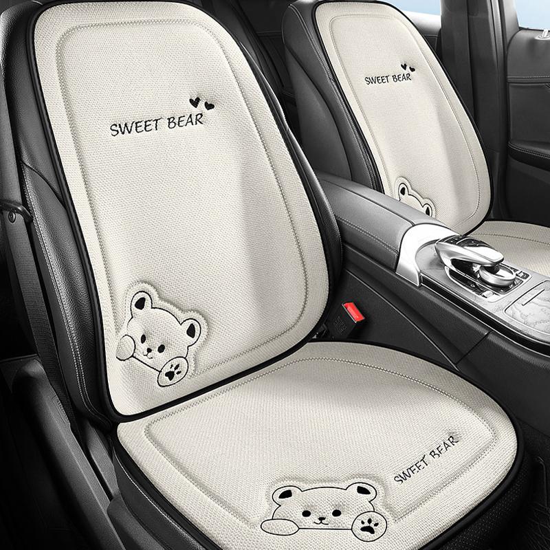 Fashion Luxury Car Seat Cushion Linen Cartoon Bear Women's Cute Anti-slip Breathable Car Seat Protect Cushion Cover Universal