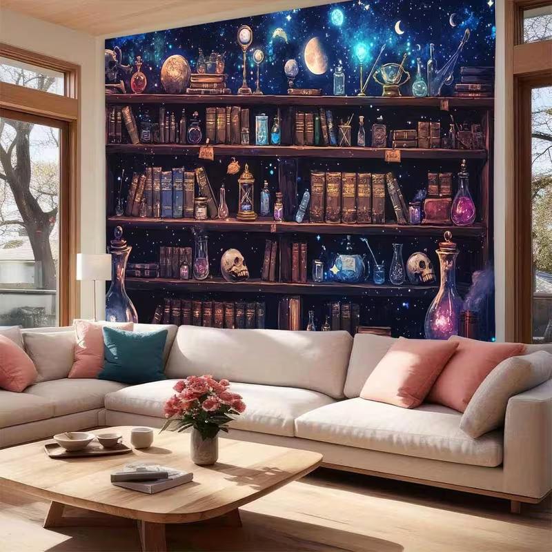 2D Gothic Apothecary Bookshelf Backdrop, Starry Night Magic Room Background