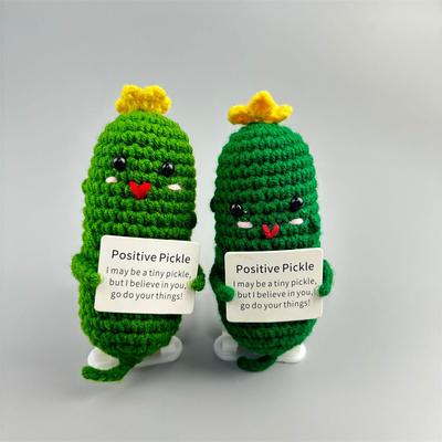 Handmade Emotional Support Pickle Crochet Smiley Sour Cucumber Knitted Pickle with Positive Quote Cheer Up Gift Crochet Decor