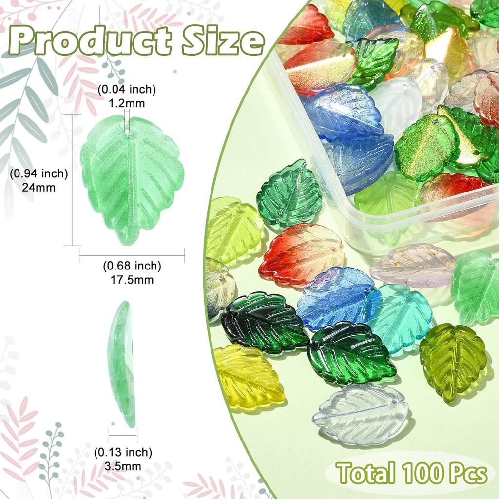 UR URLIFEHALL 100 Pcs Czech Glass Leaf Beads Colorful Leaves Beads Charms Top Drilled Beads for DIY Jewelry Crafts Earring Keychain Making