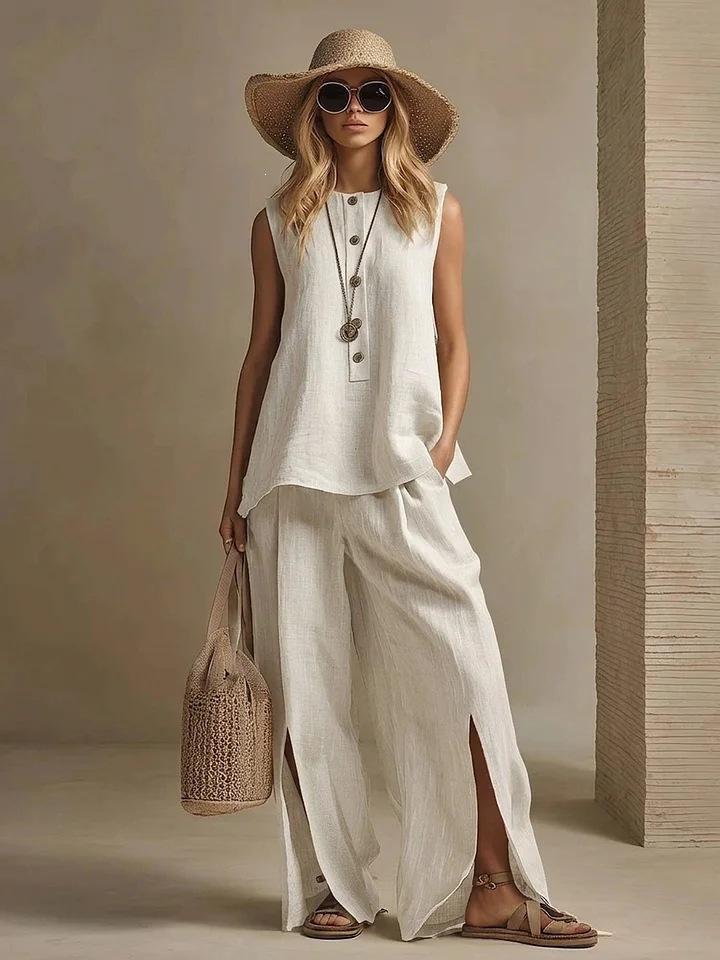 Amazon cotton and linen 2026 summer women s sleeveless trousers shirt pants two-piece set sleeveless loose two-piece set S белый