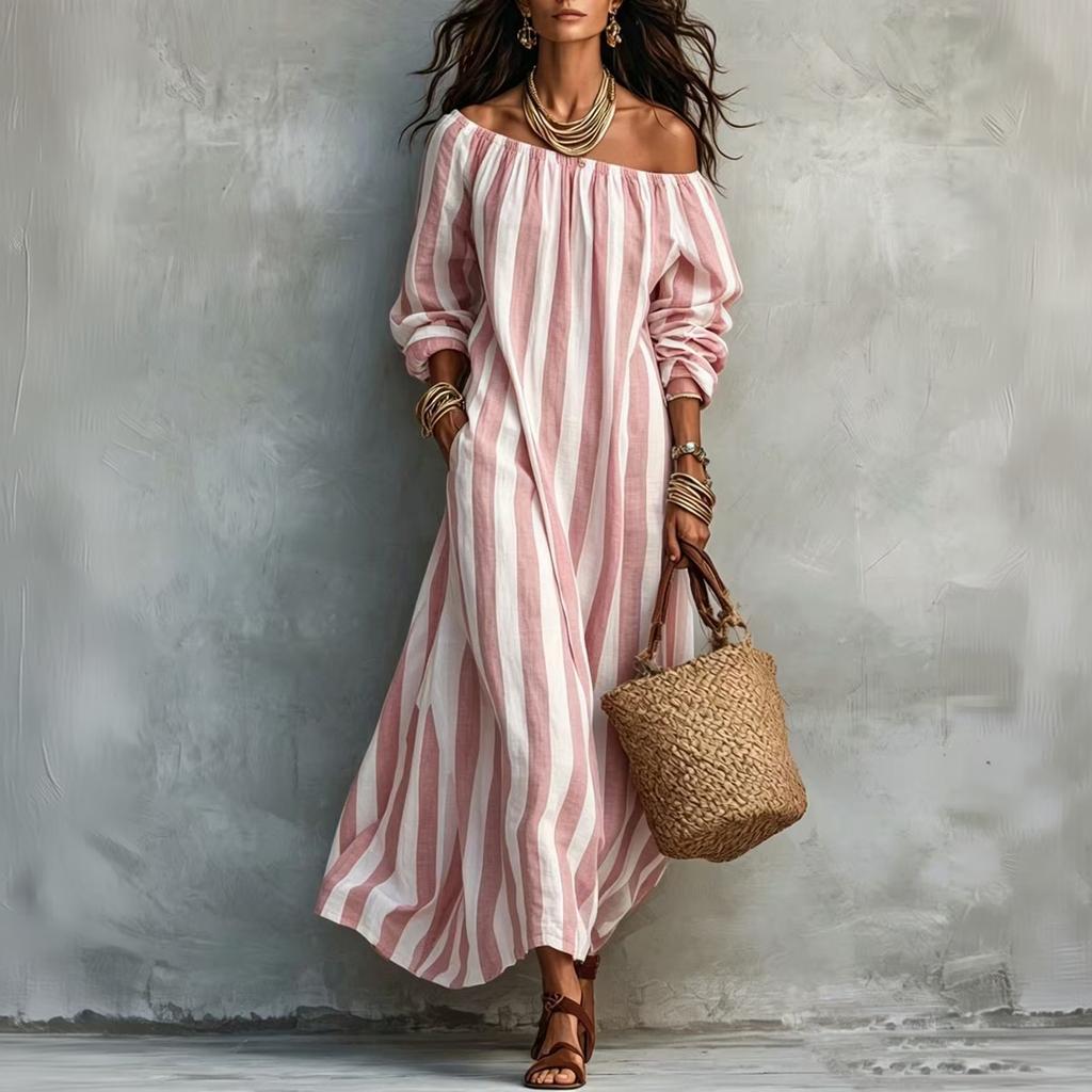 Women's Striped Off-Shoulder Dress for Vacation and Holiday Beach Wear