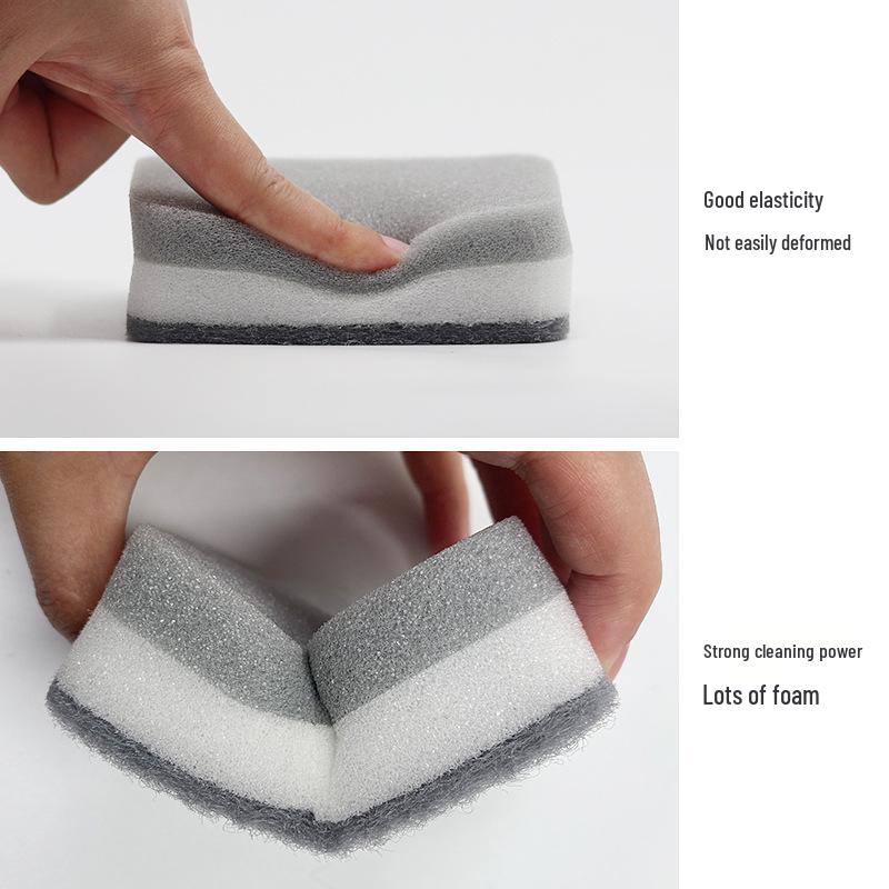 Grey Double-Sided Sponge Scourer for Kitchen & Dishwashing: Three-Layer Pot Scrubber