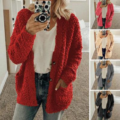 Damen Plüschmantel Langärmlig Einreihig Jacke mit Taschen Einfarbig Verdicken Warm