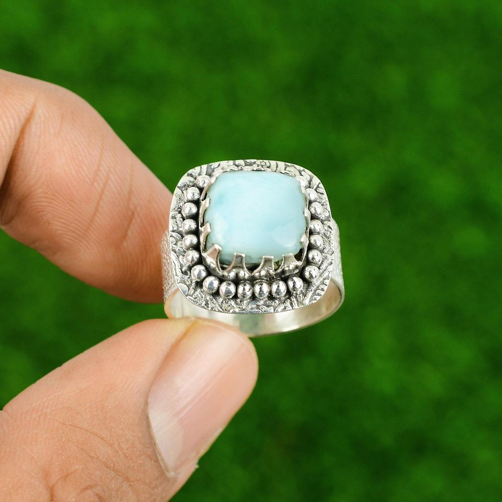 Larimar Stone Wife Stackable Throat Chakra Ring Jewelry Size 10 Sterling Silver