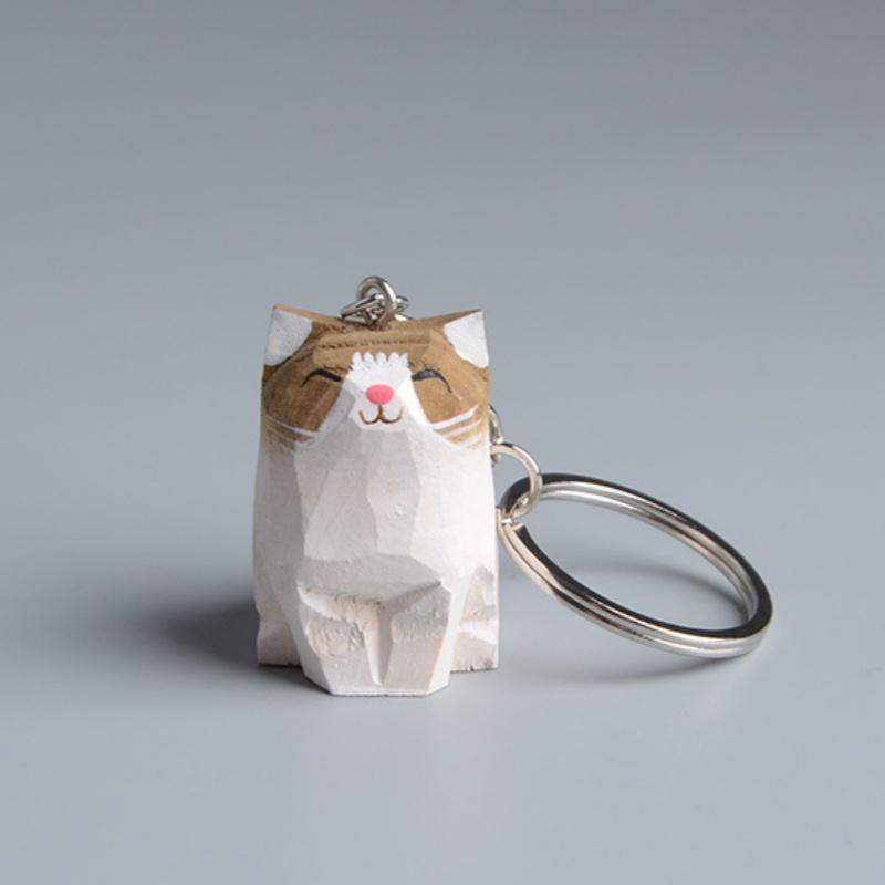 Funny Handmade Carved Wooden Cat Keychain Creative Pendant Non-toxic Material Unisex Keyring for Daily Key Organize