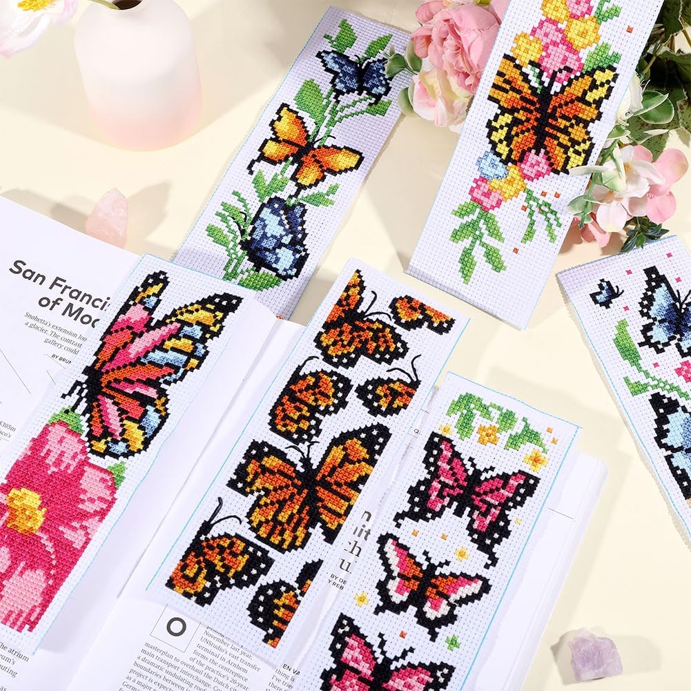 ORIGACH 6 Pcs Cross Stitch Bookmark Kit for Beginner Adults, Butterflies and Flowers Stamped Embroidery Bookmark Kit with Instruction for Starters