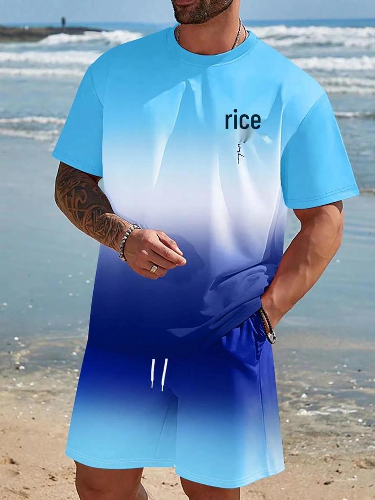 Men's Gradient Short-Sleeve T-Shirt & Drawstring Shorts Beach Set