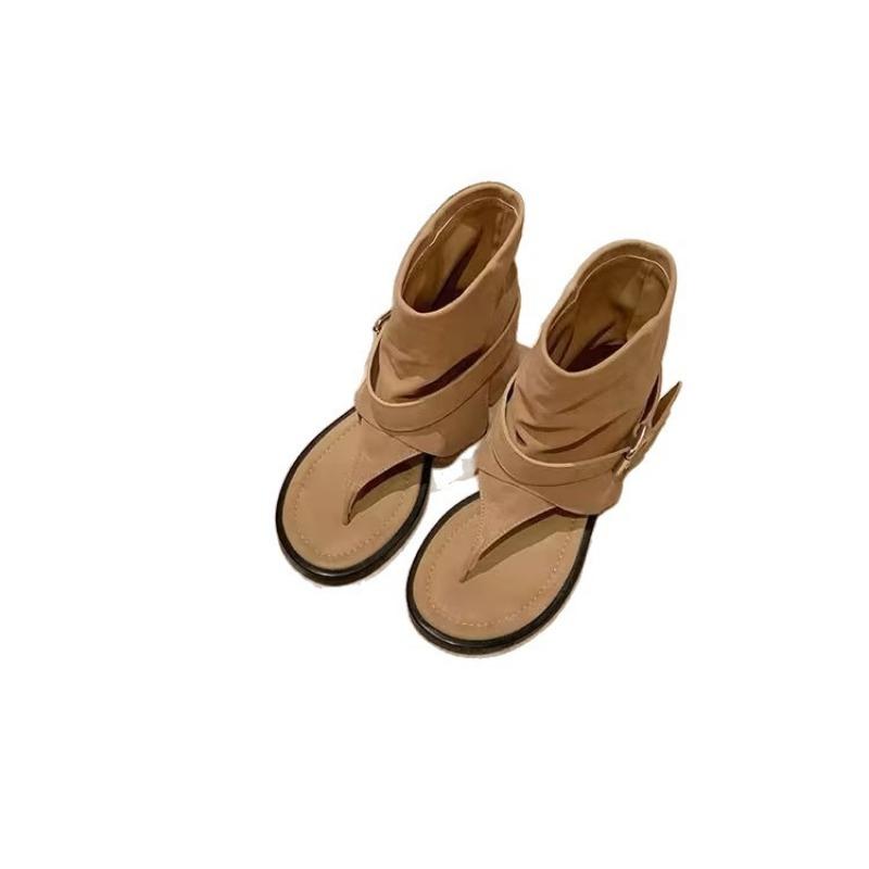 Fashion Toe Cool Boots Cover Boots Women's Summer New Leather Fashion Round Head Herringbone Locomotive Sandals