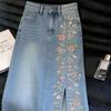 High Sense Medium and Long Summer Blue Embroidery High Waist Thin Denim Skirt Women Soft Drape Vintage Elegant Women Long Skirt
