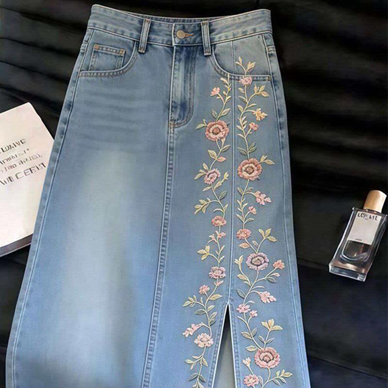 High Sense Medium and Long Summer Blue Embroidery High Waist Thin Denim Skirt Women Soft Drape Vintage Elegant Women Long Skirt
