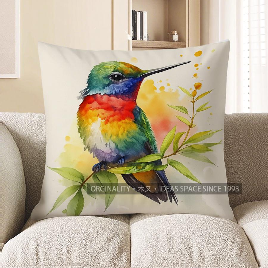 Home Decor Hummingbirds & Flowers Watercolor Pillow Cover Pattern Cushion Cover Suitable For Sofa Bedroom Car Pillow Cover
