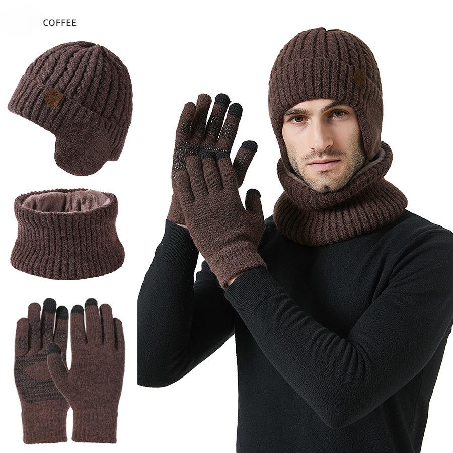 Men and Women Winter Warm Fleece Lined Ear Protection Knitted Hat Scarf Touchscreen Gloves Set Unisex Outdoor Cold-resistant Woolen Hat Set