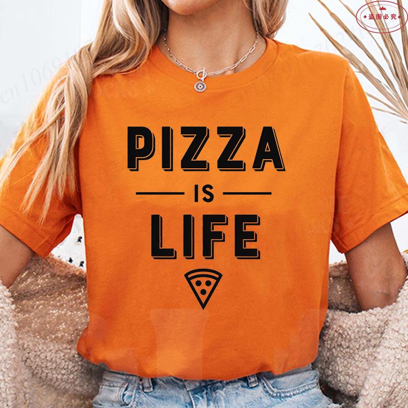 Women's Pizza Lover T-Shirt, 'Pizza Is Life' Retro Block Text Print Tee, Harajuku Short Sleeve O Neck Tops Aesthetic Clothing