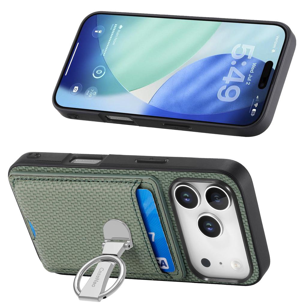 For iPhone 17 Pro Leather Phone Back Cover with Kickstand and Card Slots Carbon Fiber Texture