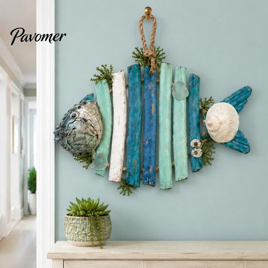 Lake House Wall Hanging Lighted Wooden Fish Decor, Rustic Nautical Fishing Wood Sculpture with LED Lights, Camp RV Coastal Ornaments Beach Theme