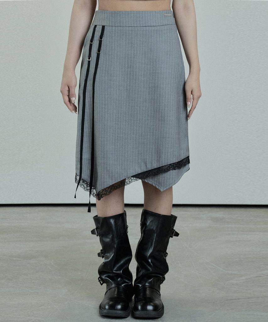 Etosome Stripe Lace Midi Skirt (Gray)