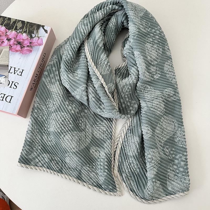 Women's Double-layer Cotton and Linen Floral Scarf Autumn and Winter Pleated Wrapped Shawl Scarf