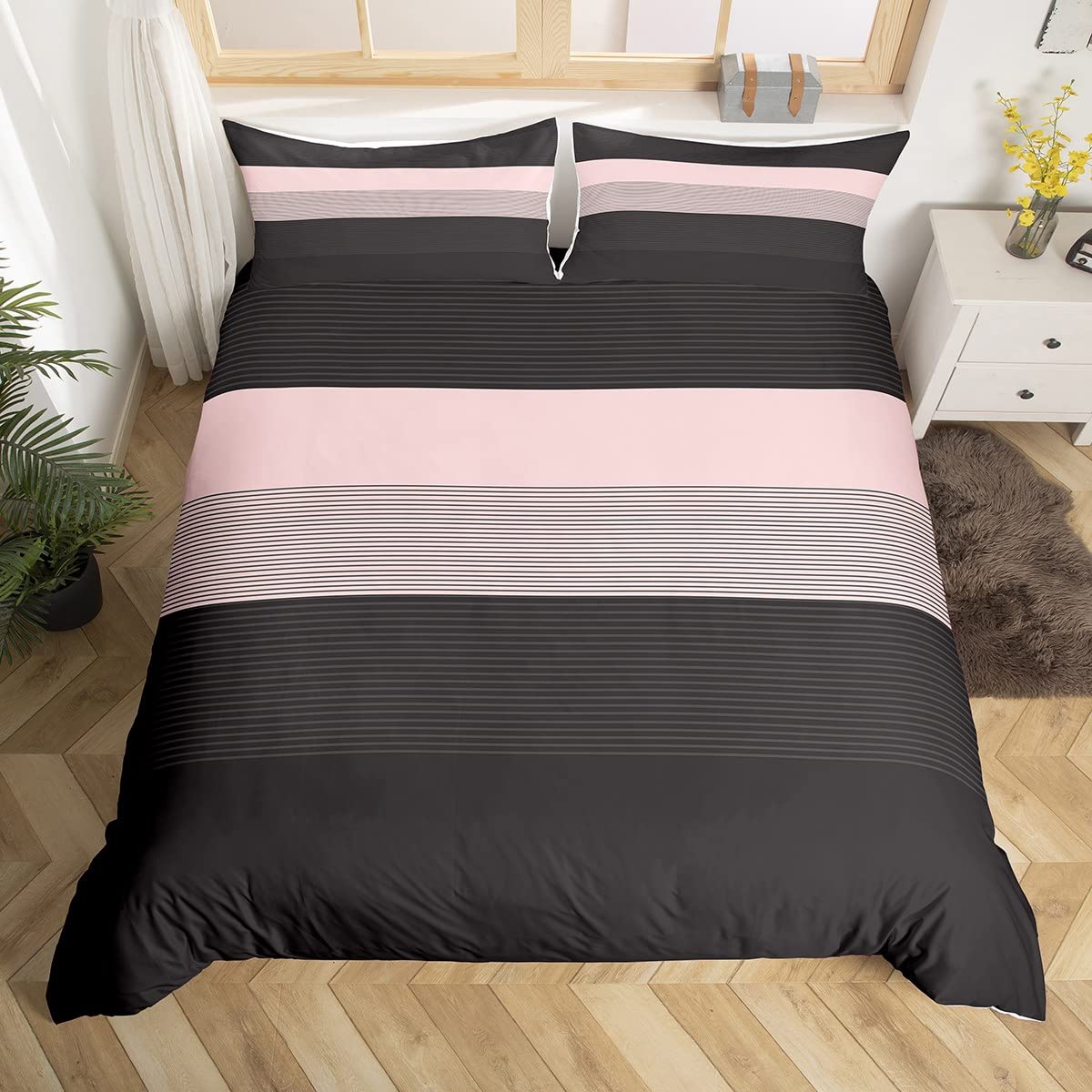 

Grey Black Stripes Duvet Cover,Gray And Purple Patchwork Striped Bedding Set For Girl Teen Ombre Geometric Lines Comforter Cover EU Single(135x200cm)
