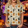 Women's Casual Halloween Print V Neck Short Sleeve Buttoned Three Quarter Sleeve T Shirt Top Lightweight Comfortable Fabric