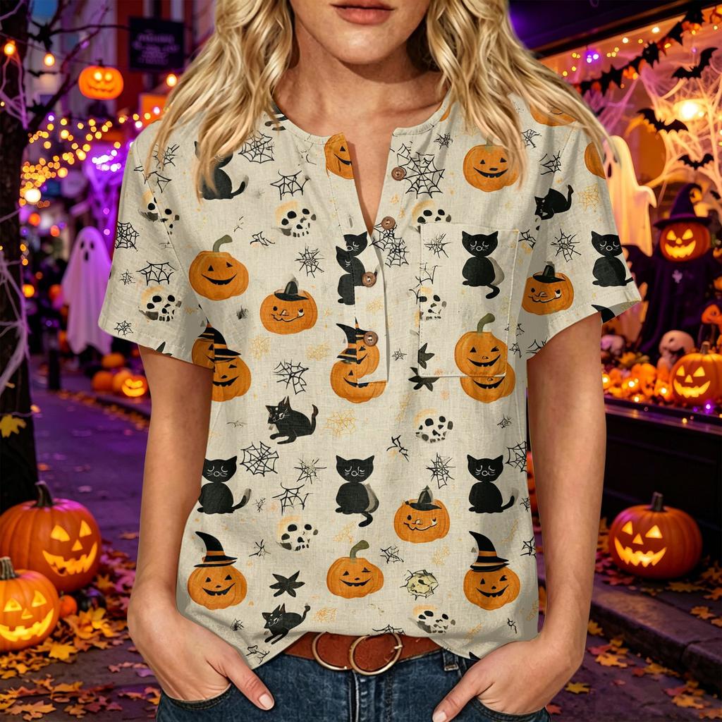 Women's Casual Halloween Print V Neck Short Sleeve Buttoned Three Quarter Sleeve T Shirt Top Lightweight Comfortable Fabric