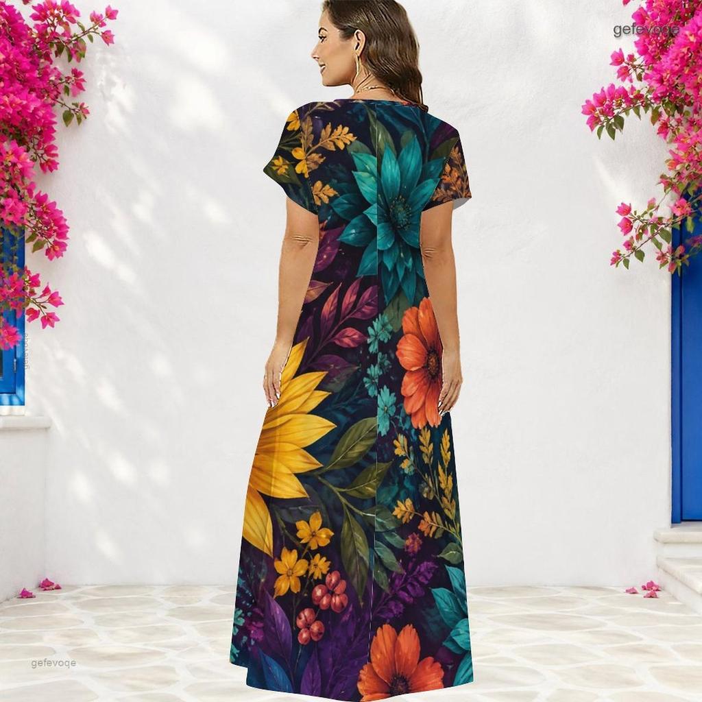 Women Plus Size V Neck Short Sleeve Floral Printed Straight Long Dress
