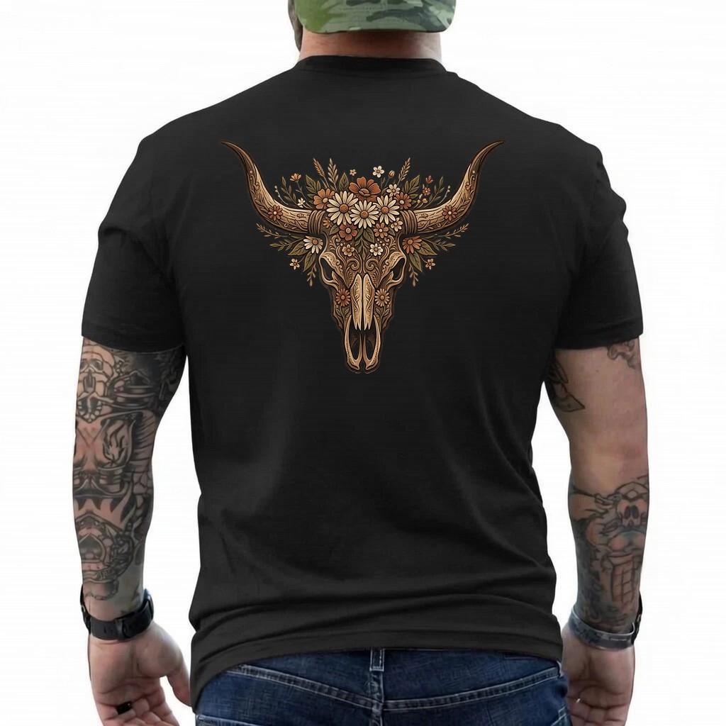 Boho Floral Cow Skull Western Cowboy Cowgirl Country Girls T-Shirt M