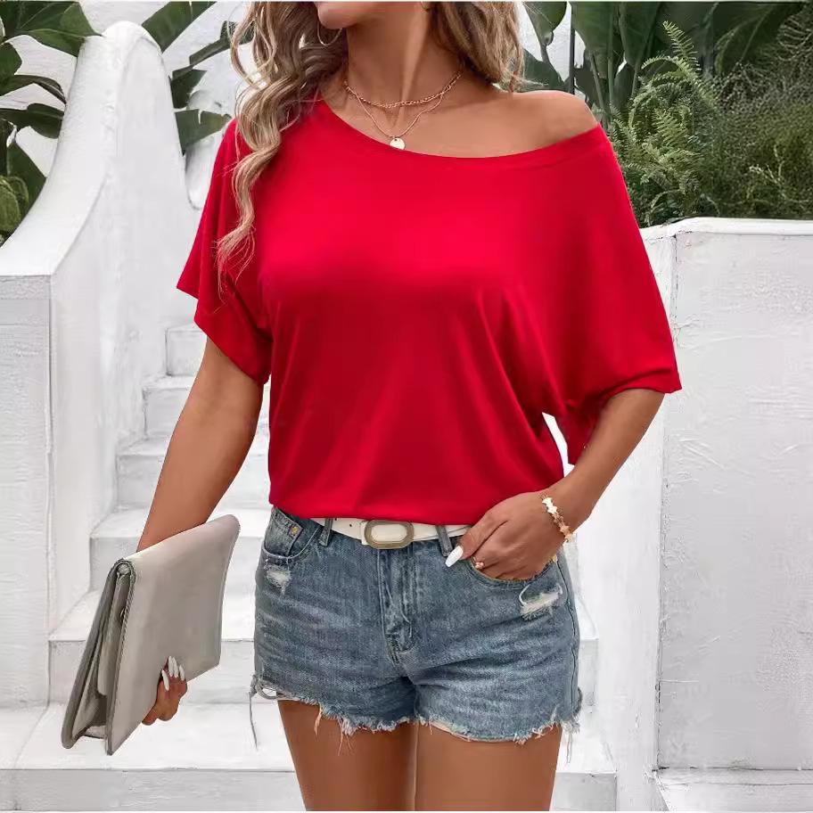 2024 Women's Solid Color Batwing Sleeve Knitted Off-the-Shoulder Top
