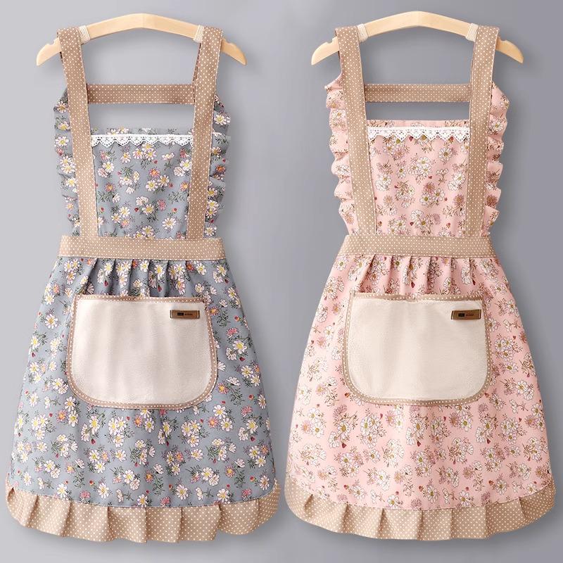 Women's High-End Cotton Floral Princess Apron - Waterproof, Oil-Proof, with Handy Wiping Skirt