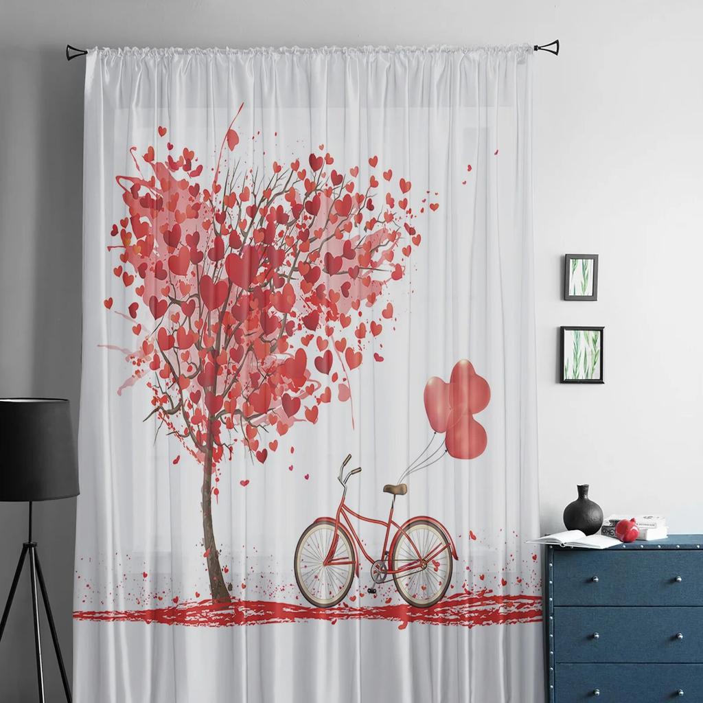 Valentine Love Tree Bicycle Curtain Tulle Decorative Sheer Curtains for Living Room Bedroom Kitchen Hotel Home Window Panels