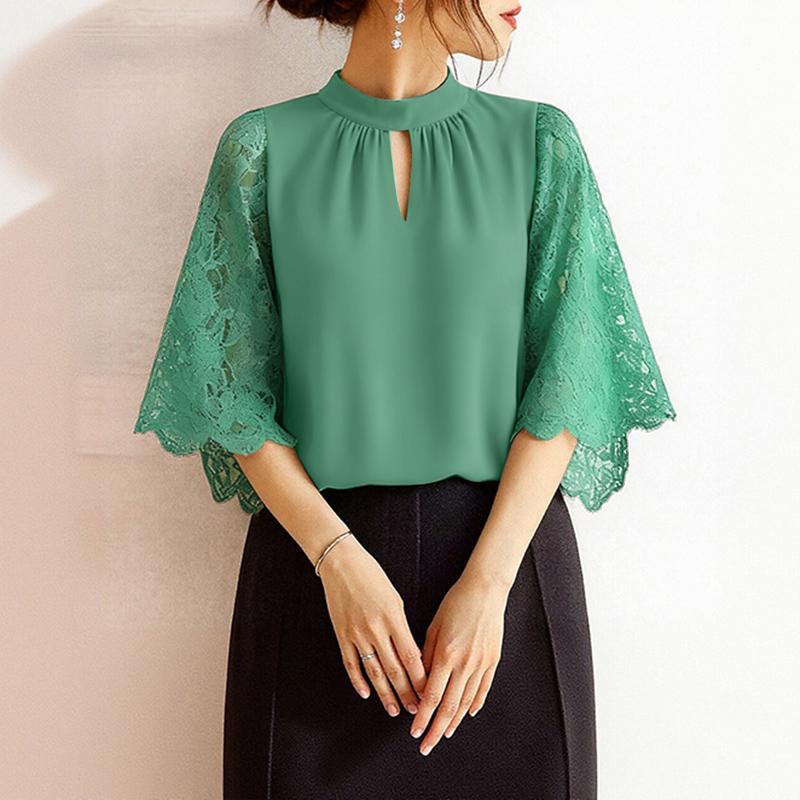 

ZANZEA Women Round Neck Lace Splice Half Sleeve Blouse 5XL