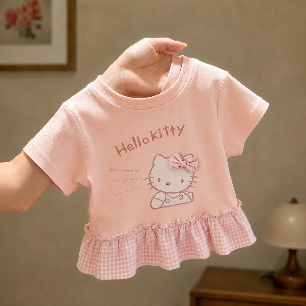Girls Summer Pink Plaid Ruffle T Shirt Sweet Cute Versatile Short Sleeve Top 90