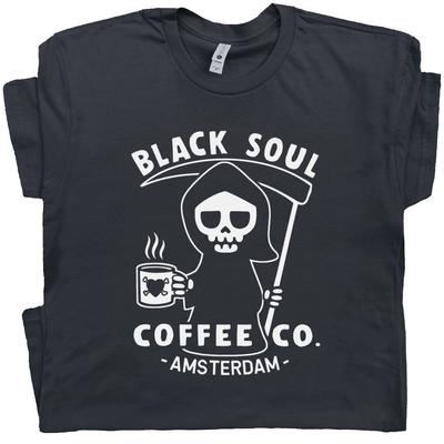 Maglietta Caffè Divertente Amsterdam Soul Nero Cafe Falciatore Nero Maglietta Grafica Vintage