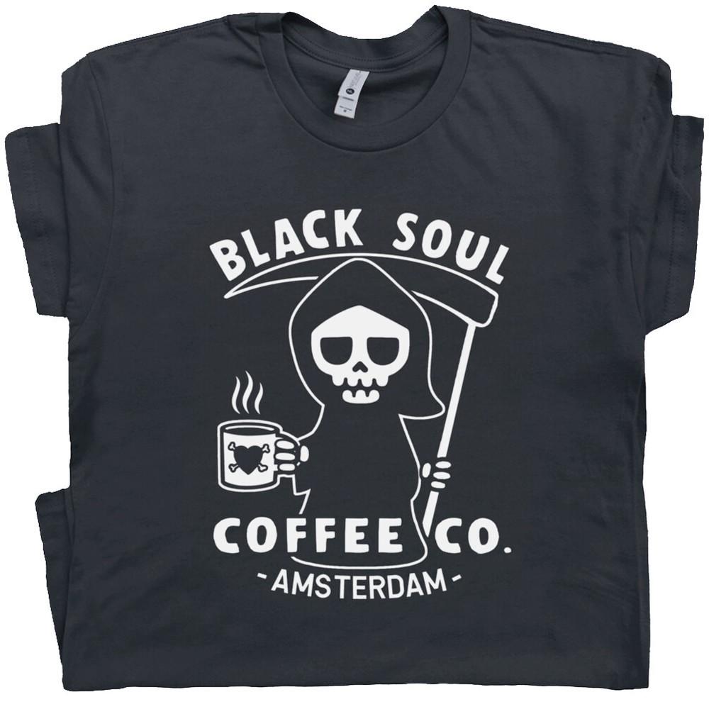 Funny Coffee T Shirt Amsterdam Black Soul Cafe Grim Reaper Tee Vintage Graphic Unisex T-Shirt XXL