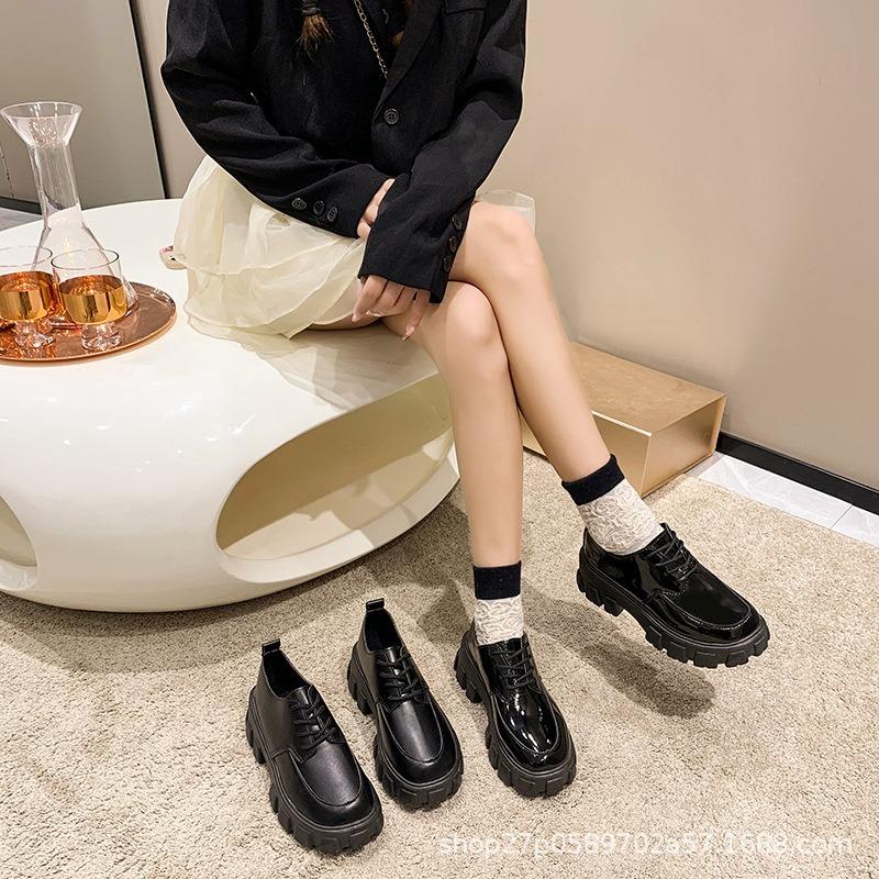 Black round head Mary Jane shoes children thick low single shoes waterproof table high heels lace-up women's shoes new