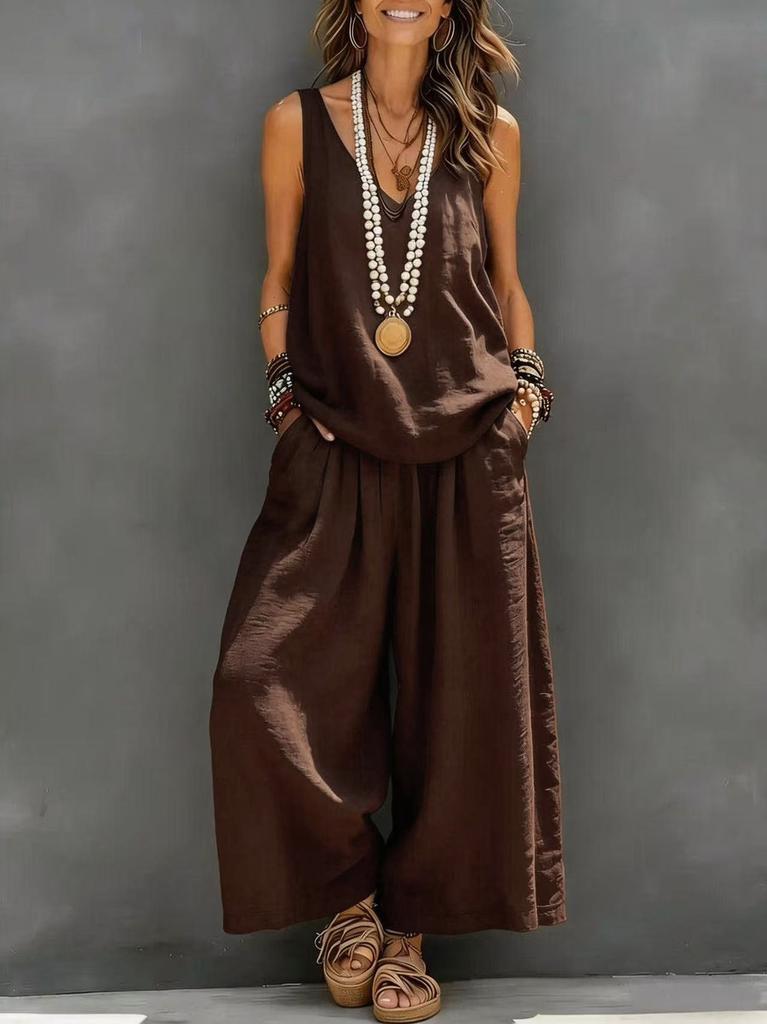 1116 European and American solid color casual sleeveless vest and wide-leg pants cotton and linen women's suit
